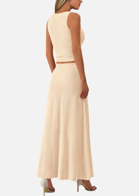 Crop Tank Top Flowy Midi Skirts Ribbed Knit Casual Two Piece Skirt Set