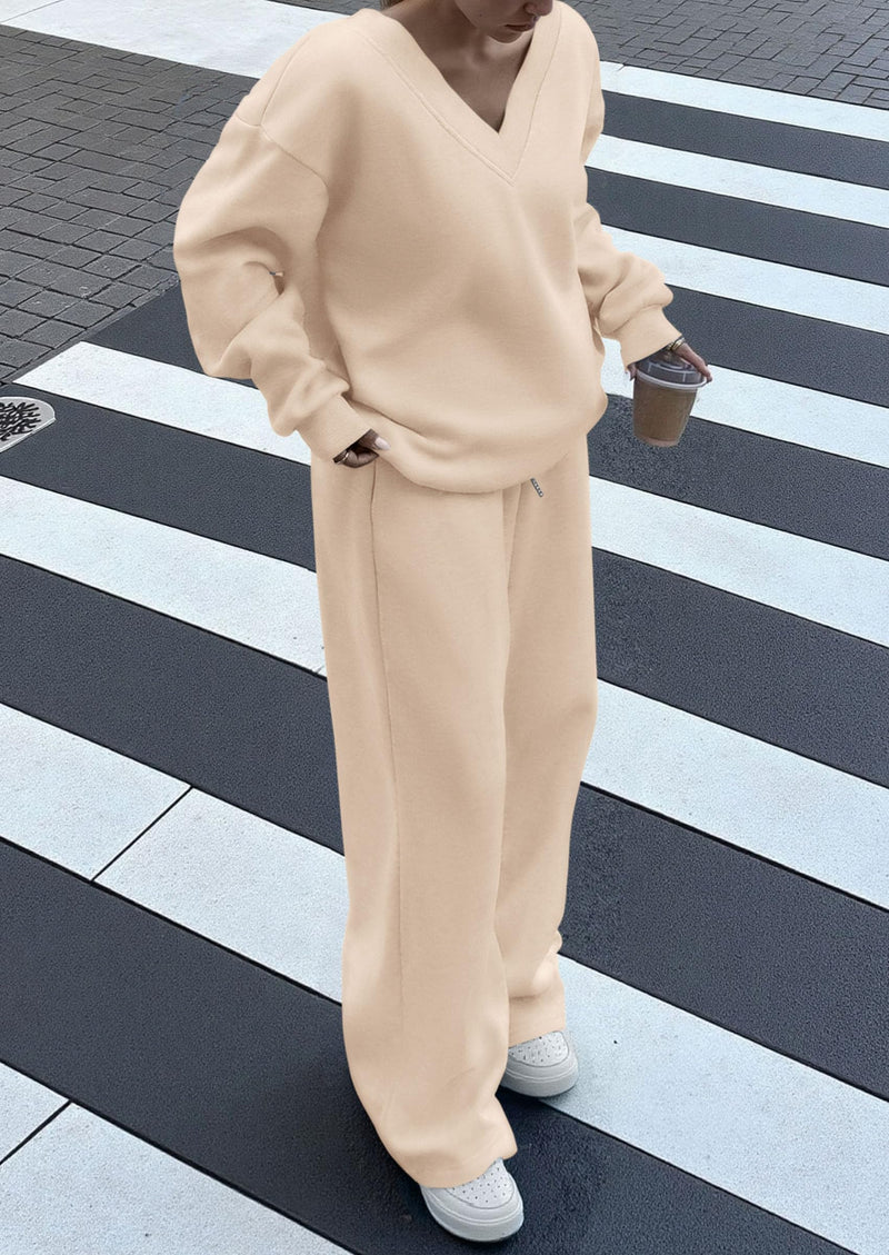 PRETTYGARDEN Casual Winter Two Piece Sets for Women V Neck Sweatshirt Loose Wide Leg Pants Tracksuit Knit Fall Outfits