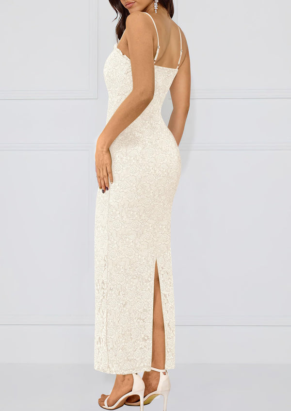 Elegant Spaghetti Strap Lace Floral Bodycon Maxi Dress