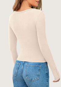 Long Sleeve Henley Ribbed Knit Button Up Slim Fitted Basic Casual T-shirts