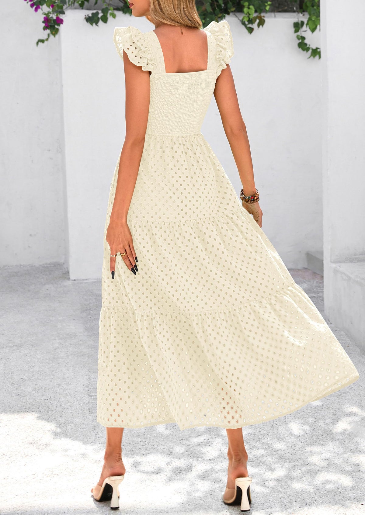 Square Neck Cap Sleeve Eyelet Smocked Tiered A Line Maxi Dresses with Pockets