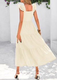 Square Neck Cap Sleeve Eyelet Smocked Tiered A Line Maxi Dresses with Pockets