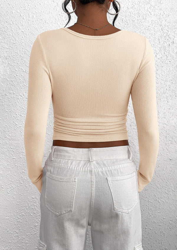 Long Sleeve Henley Button Down Ribbed Knit Slim Fit Blouse