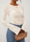 PRETTYGARDEN Womens Lace Long Bell Sleeve Tops Fall Sexy See Through Sheer Floral Blouse Shirt Fitted Going Out Outfits