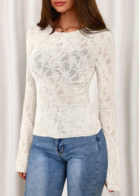 PRETTYGARDEN Womens Lace Long Bell Sleeve Tops Fall Sexy See Through Sheer Floral Blouse Shirt Fitted Going Out Outfits