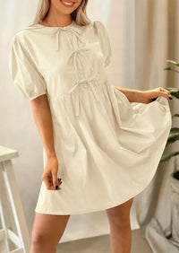 Casual Short Sleeve A Line Bow Tie Front Babydoll Loose Mini Dresses with Pockets