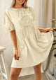 Casual Short Sleeve A Line Bow Tie Front Babydoll Loose Mini Dresses with Pockets