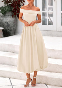 Off Shoulder Sleeveless A Line Midi Dress with Pockets