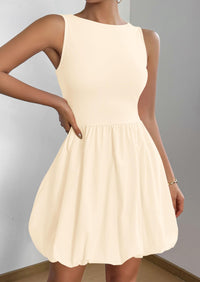 Casual Sleeveless Tank Mini Short Dress Crew Neck Bubble Dress with Pockets