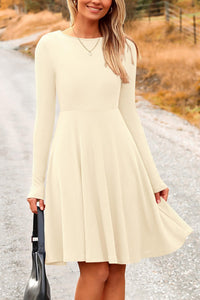 Ribbed Knit Crew Neck Long Sleeve A-Line Flowy Casual Elegant Mini Dresses