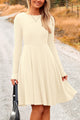 Ribbed Knit Crew Neck Long Sleeve A-Line Flowy Casual Elegant Mini Dresses