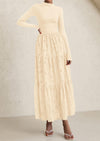PRETTYGARDEN Long Sleeve Dress for Women Fall Eyelet Mock Neck A Line Elegant Classy Maxi Wedding Guest Dresses Pockets
