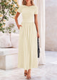 Casual Short Sleeve Ruched Patchwork A Line Pleated Swing Maxi Dresses with Pockets