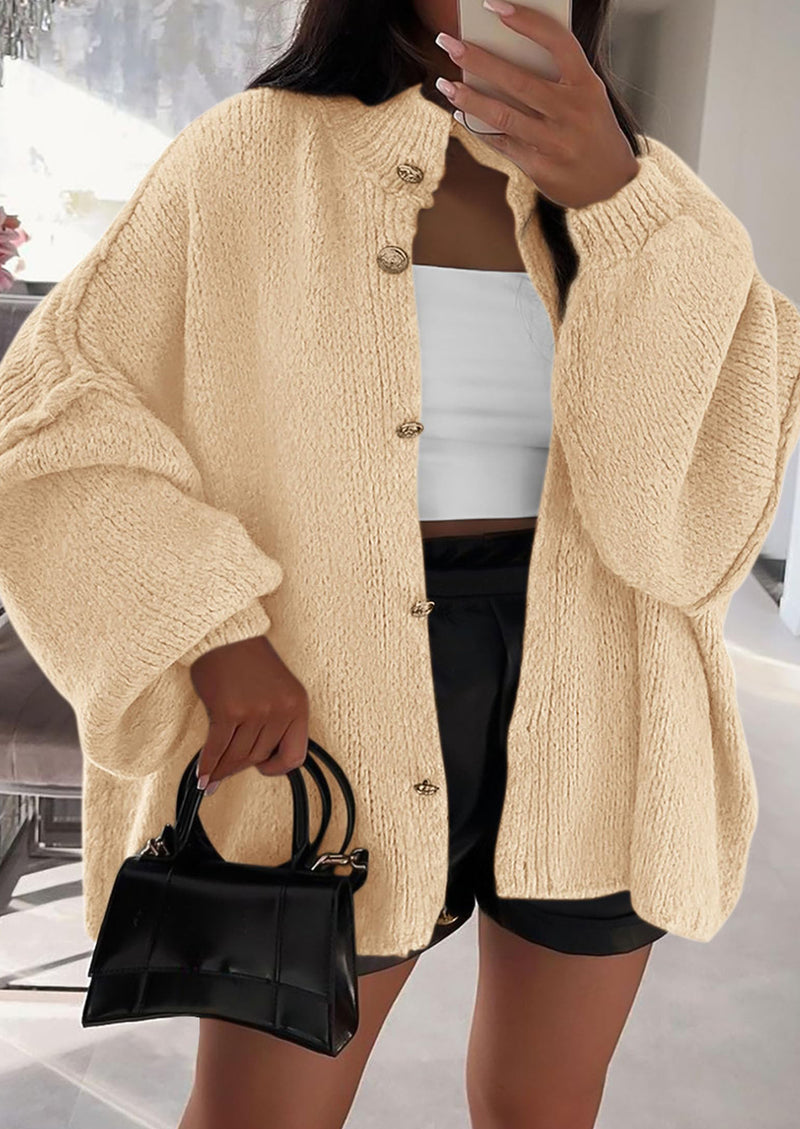 PRETTYGARDEN Women's Winter Button Down Cardigan Sweaters Mock Neck Lantern Long Sleeve Chunky Knit Jacket Trendy Outerwear