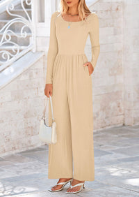 Solid Color Casual Long Sleeve Wide Leg Pants Jumpsuits