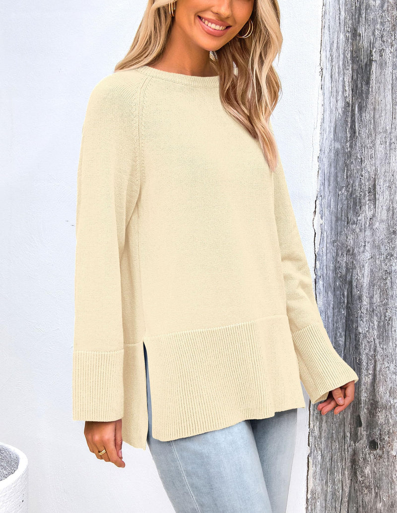 PRETTYGARDEN Women's Knit Fall Sweaters Long Sleeve Pullover Crewneck Split Hem Oversized Tunic Sweater Tops Winter Clothing