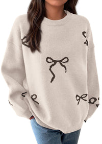 PRETTYGARDEN Fall Long Sleeve Pullover Sweaters for Women Trendy Crewneck Casual Cute Bow Chunky Knit Oversized Sweater