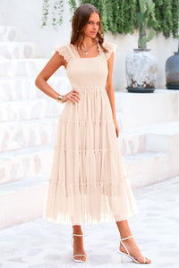 Casual Sleeveless Smocked Ruffle Tulle Flowy Beach Sundress