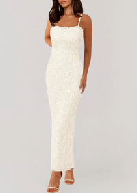 Elegant Spaghetti Strap Lace Floral Bodycon Maxi Dress