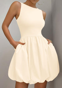 Casual Sleeveless Tank Mini Short Dress Crew Neck Bubble Dress with Pockets