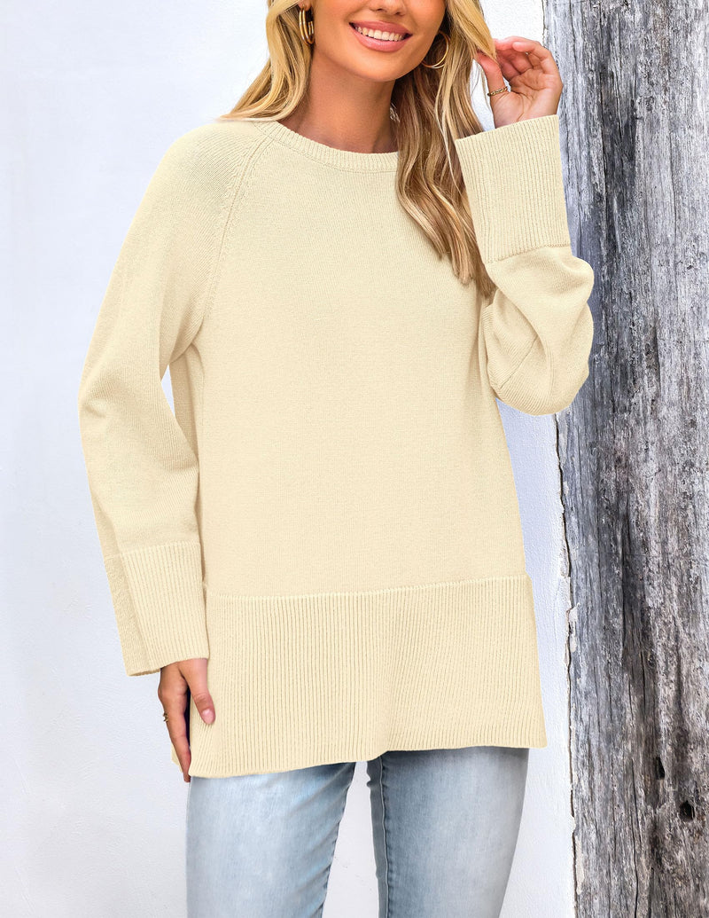 PRETTYGARDEN Women's Knit Fall Sweaters Long Sleeve Pullover Crewneck Split Hem Oversized Tunic Sweater Tops Winter Clothing