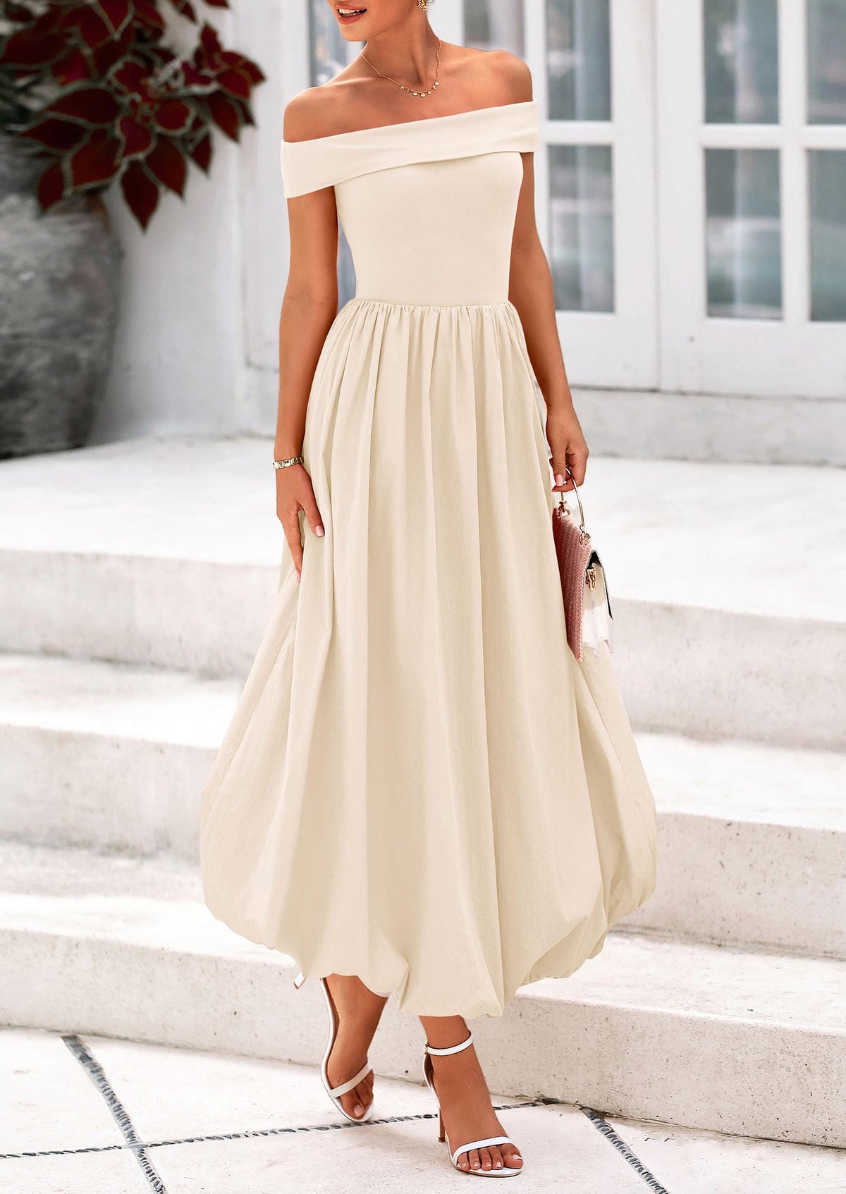 Off Shoulder Sleeveless A Line Midi Dress with Pockets