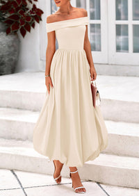 Off Shoulder Sleeveless A Line Midi Dress with Pockets