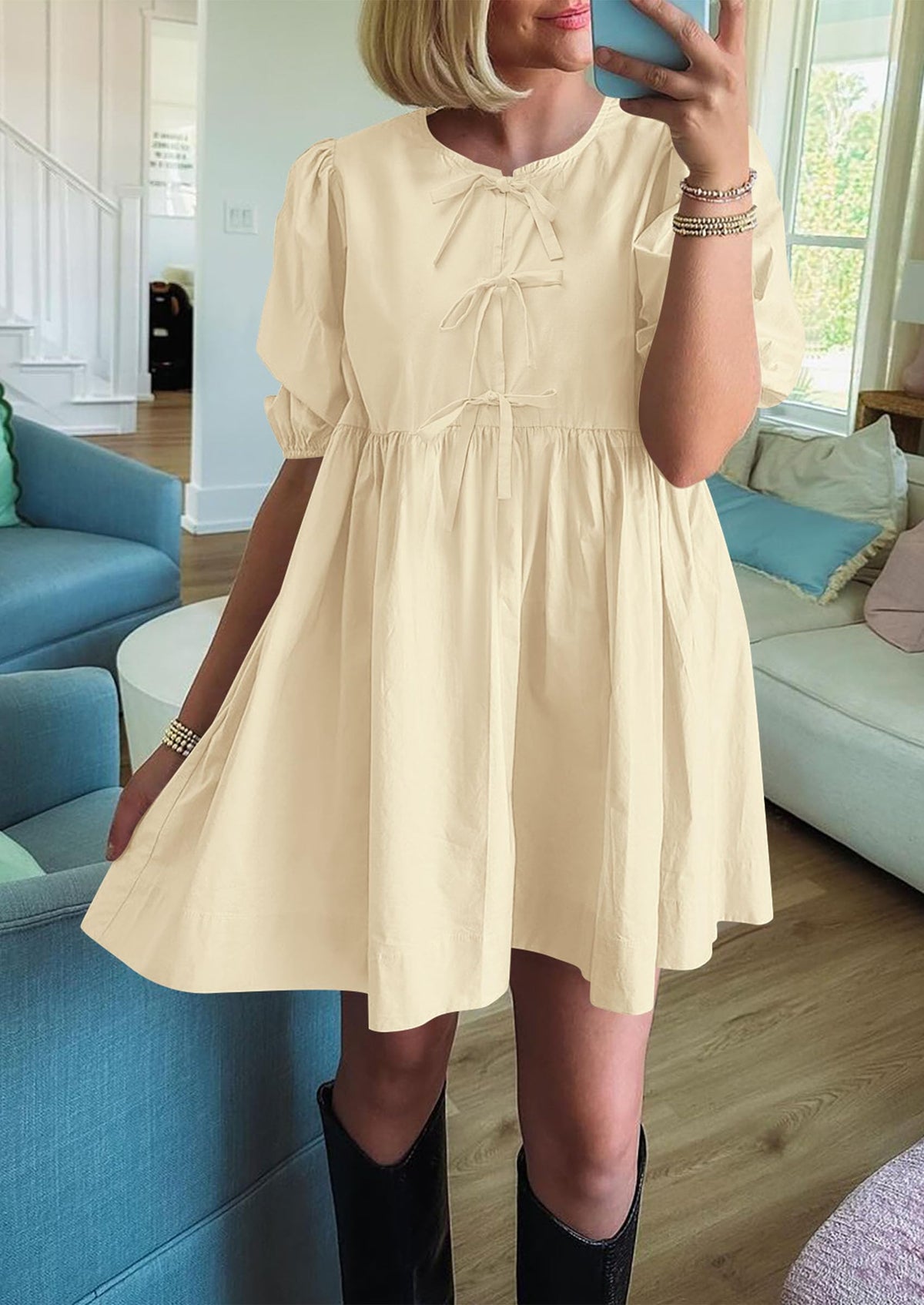 Casual Short Sleeve A Line Bow Tie Front Babydoll Loose Mini Dresses with Pockets