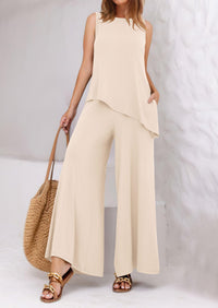 Asymmetrical Split Tank Tops Wide Leg Pants  Two Piece Sets