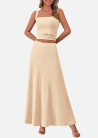 Crop Tank Top Flowy Midi Skirts Ribbed Knit Casual Two Piece Skirt Set