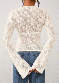 PRETTYGARDEN Womens Lace Long Bell Sleeve Tops Fall Sexy See Through Sheer Floral Blouse Shirt Fitted Going Out Outfits
