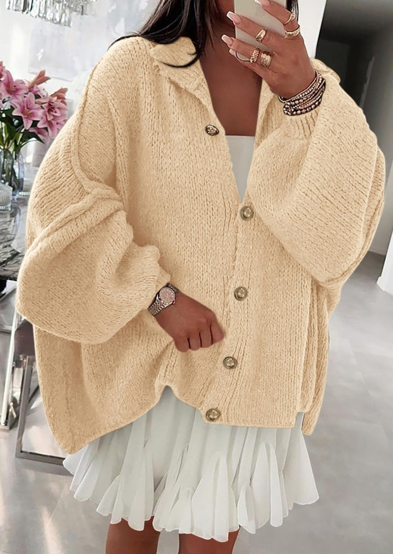 PRETTYGARDEN Women's Winter Button Down Cardigan Sweaters Mock Neck Lantern Long Sleeve Chunky Knit Jacket Trendy Outerwear