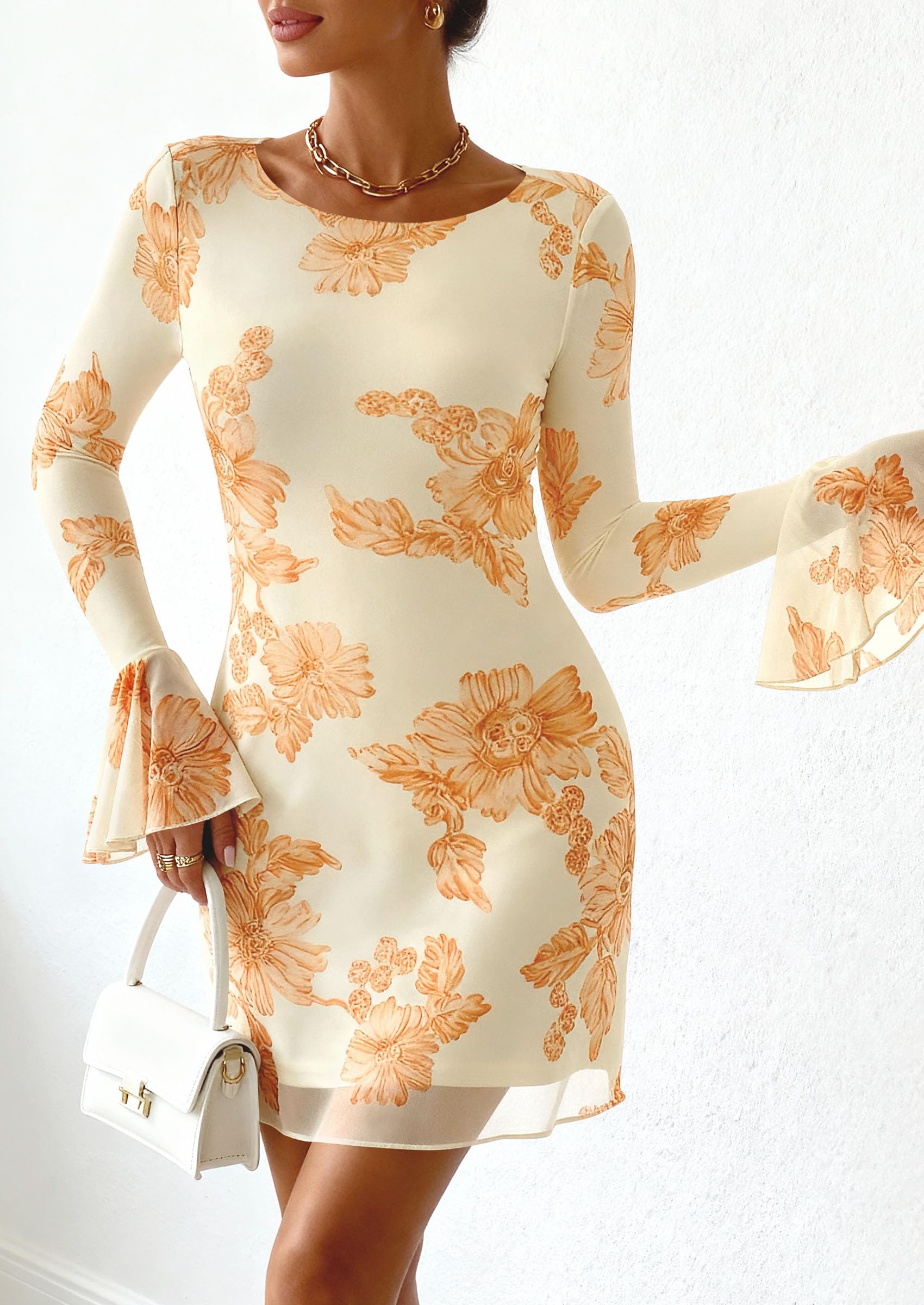 PRETTYGARDEN Women's Floral Embroidered Dress Fall Long Bell Sleeve Ribbon Flower Mini Short Mesh Bodycon Party Dresses