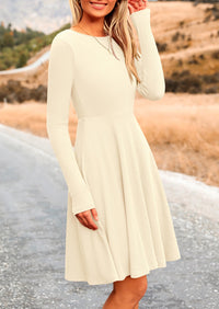 Ribbed Knit Crew Neck Long Sleeve A-Line Flowy Casual Elegant Mini Dresses