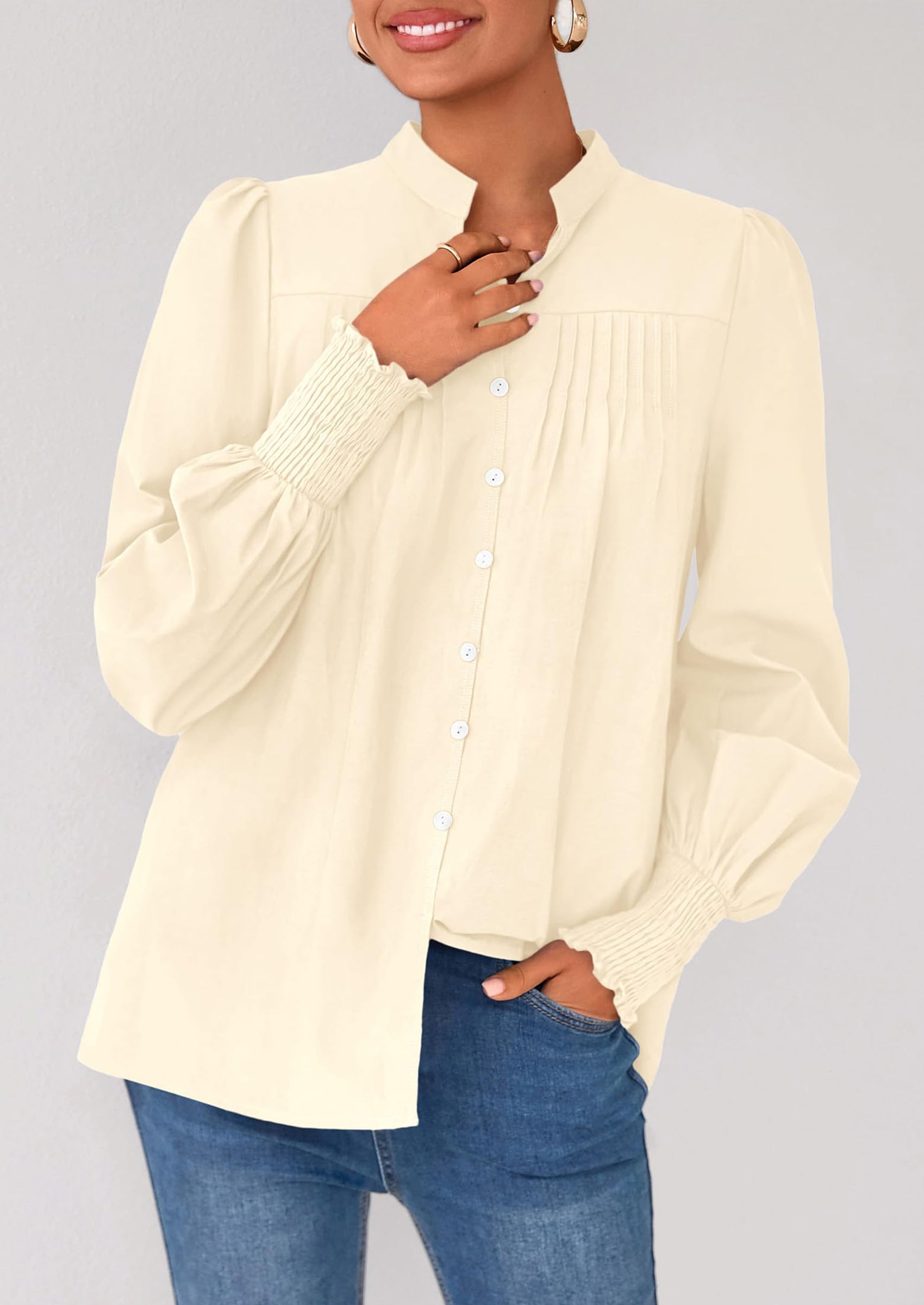 PRETTYGARDEN Womens Fall Lantern Long Sleeve Shirts Trendy Button V Neck Pleated Henley Tops Loose Work Blouses