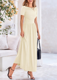 Casual Short Sleeve Ruched Patchwork A Line Pleated Swing Maxi Dresses with Pockets