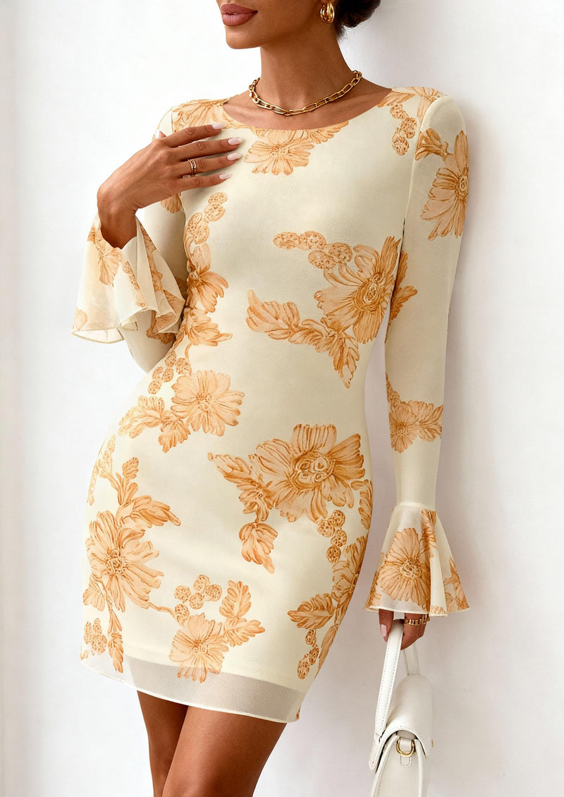 PRETTYGARDEN Women's Floral Embroidered Dress Fall Long Bell Sleeve Ribbon Flower Mini Short Mesh Bodycon Party Dresses