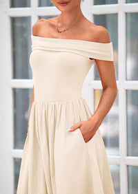 Off Shoulder Sleeveless A Line Midi Dress with Pockets