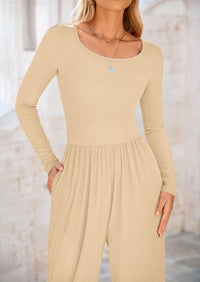 Solid Color Casual Long Sleeve Wide Leg Pants Jumpsuits