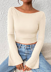 PRETTYGARDEN Women's Long Sleeve Shirts Fall Going Out Tops Casual Boat Neck Bell Sleeve Ribbed Ruched Y2K Clothes