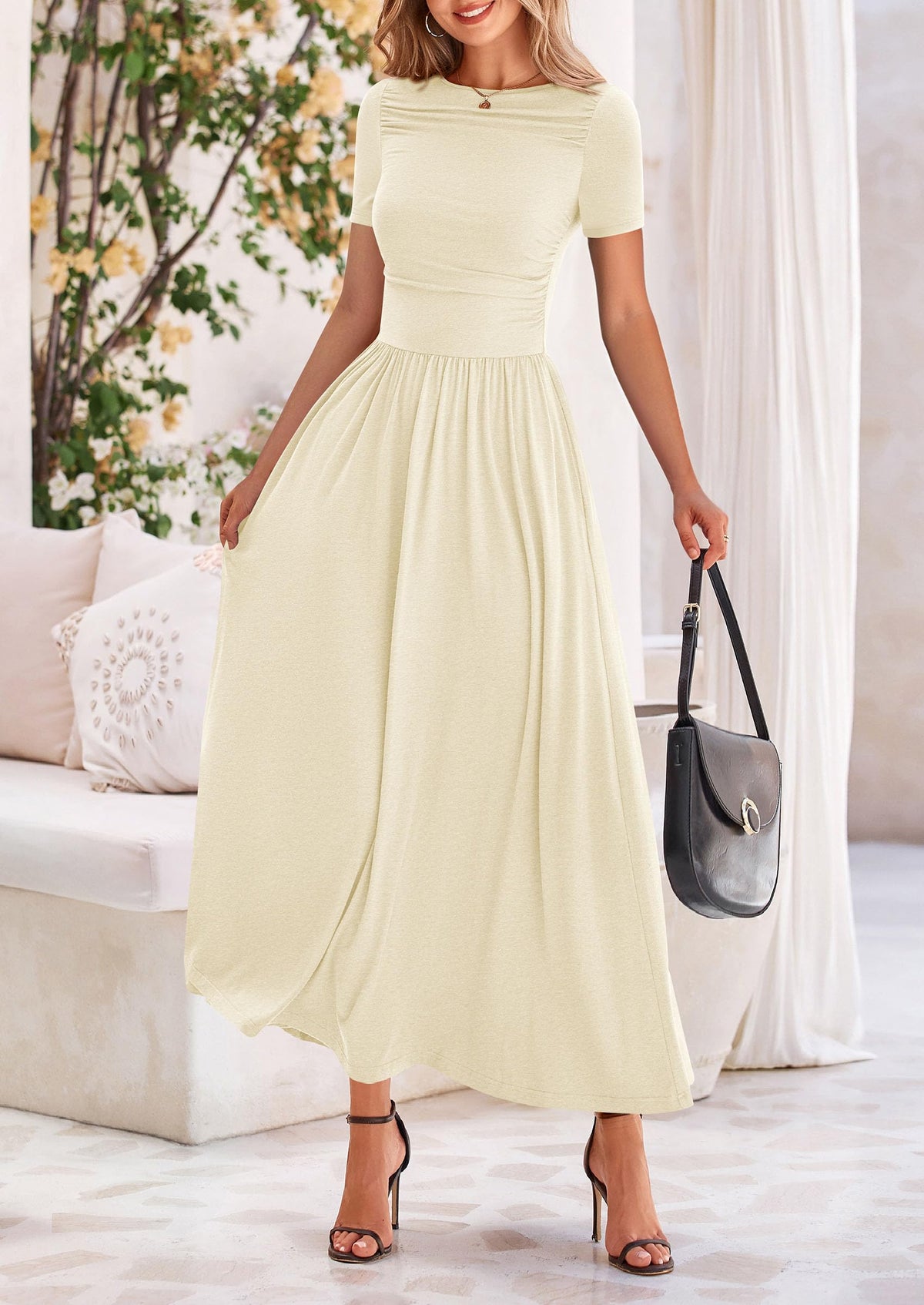 Casual Short Sleeve Ruched Patchwork A Line Pleated Swing Maxi Dresses with Pockets
