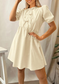 Casual Short Sleeve A Line Bow Tie Front Babydoll Loose Mini Dresses with Pockets