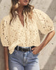Casual Short Lantern Sleeve V Neck Buttons Hollow Out Lace Embroidered Blouses