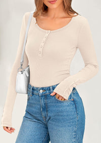 Long Sleeve Henley Ribbed Knit Button Up Slim Fitted Basic Casual T-shirts