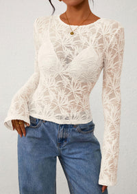 PRETTYGARDEN Womens Lace Long Bell Sleeve Tops Fall Sexy See Through Sheer Floral Blouse Shirt Fitted Going Out Outfits