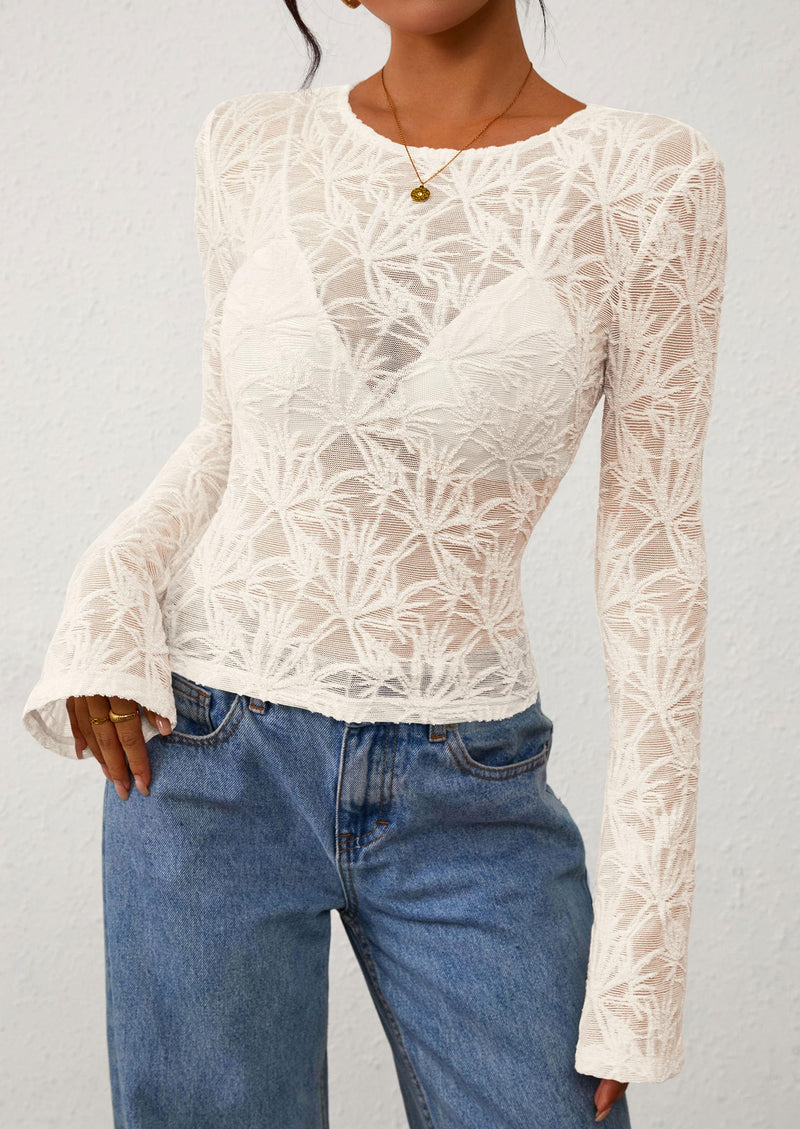 PRETTYGARDEN Womens Lace Long Bell Sleeve Tops Fall Sexy See Through Sheer Floral Blouse Shirt Fitted Going Out Outfits