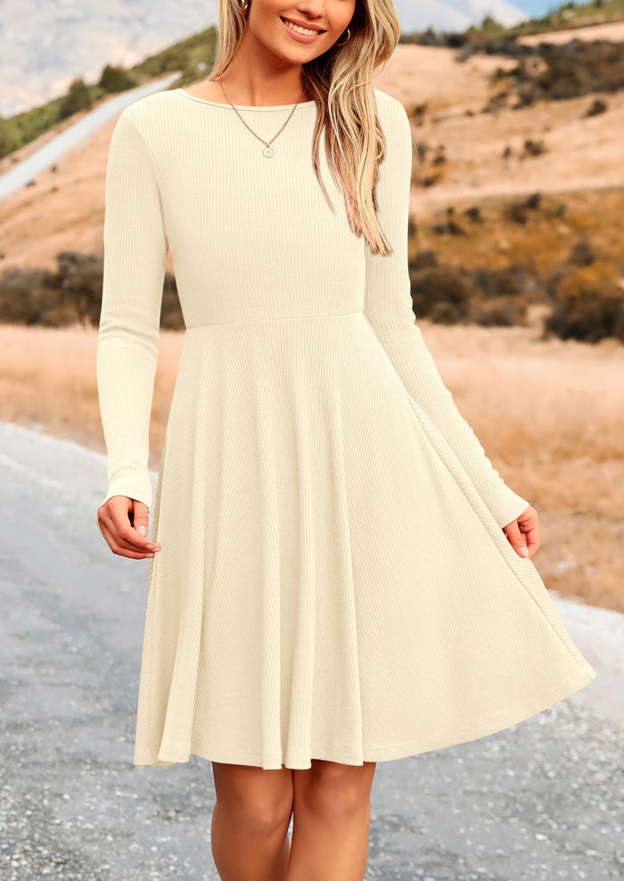 Ribbed Knit Crew Neck Long Sleeve A-Line Flowy Casual Elegant Mini Dresses