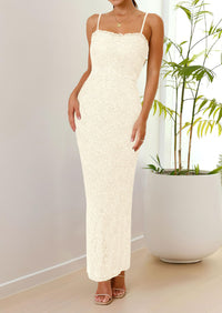 Elegant Spaghetti Strap Lace Floral Bodycon Maxi Dress