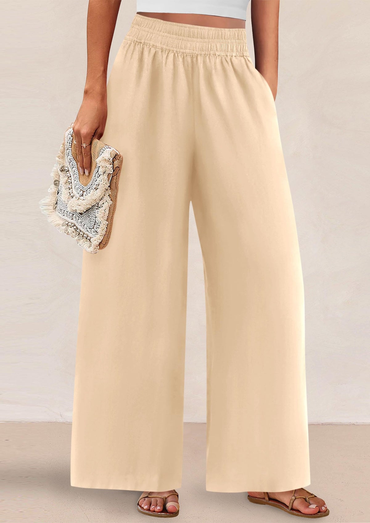 Casual Elastic Waist Loose Flowy Palazzo Pants Trousers with Pockets