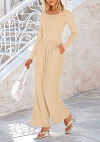 Solid Color Casual Long Sleeve Wide Leg Pants Jumpsuits
